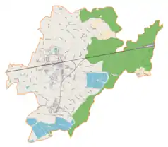 Mapa konturowa gminy Chybie, blisko centrum na lewo u góry znajduje się punkt z opisem „Parafia Chrystusa Króla”