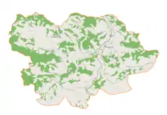 Mapa konturowa gminy Ciężkowice, po prawej znajduje się punkt z opisem „Cmentarz wojenny nr 142 – Ostrusza”