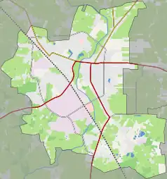 Mapa konturowa Ciechanowa, u góry nieco na lewo znajduje się punkt z opisem „Parafia pw. św. Piotra Apostoła w Ciechanowie”