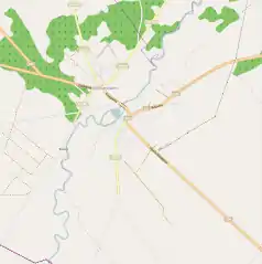 Mapa konturowa Ciechanowca, w centrum znajduje się punkt z opisem „Cerkiew Wniebowstąpienia Pańskiego”