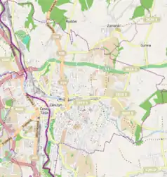 Mapa konturowa Cieszyna, blisko lewej krawiędzi u góry znajduje się punkt z opisem „Cieszyn Marklowice”