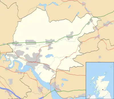 Mapa konturowa Clackmannanshire, blisko centrum na dole znajduje się punkt z opisem „Clackmannan”