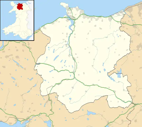 Mapa konturowa Conwy, u góry znajduje się punkt z opisem „Zamek w Conwy”