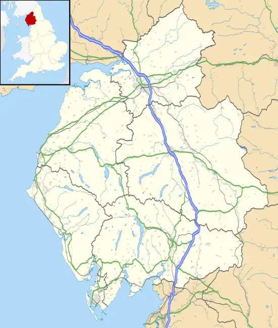 Mapa konturowa Kumbrii, na dole nieco na prawo znajduje się punkt z opisem „Preston Richard”