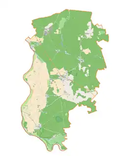 Mapa konturowa gminy Cybinka, u góry po prawej znajduje się punkt z opisem „Pałac w Radzikowie”