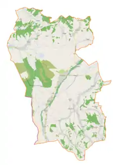 Mapa konturowa gminy Czarny Dunajec, na dole znajduje się punkt z opisem „Parafia św. Józefa Robotnika”