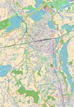 Mapa konturowa Czechowic-Dziedzic, u góry nieco na prawo znajduje się punkt z opisem „KWK Silesia”