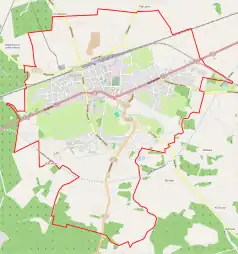 Mapa konturowa Czerska, blisko centrum u góry znajduje się punkt z opisem „Kościół św. Marii Magdalenyw Czersku”