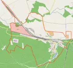 Mapa konturowa Czerwieńska, po prawej nieco na dole znajduje się punkt z opisem „Parafia św. Wojciecha w Czerwieńsku”