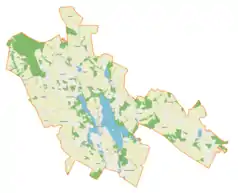 Mapa konturowa gminy Dąbrówno, na dole znajduje się punkt z opisem „Brzeźno Mazurskie”