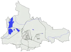 Mapa konturowa Dąbrowy Górniczej, blisko lewej krawiędzi na dole znajduje się punkt z opisem „Cmentarz mariawicki w Dąbrowie Górniczej”