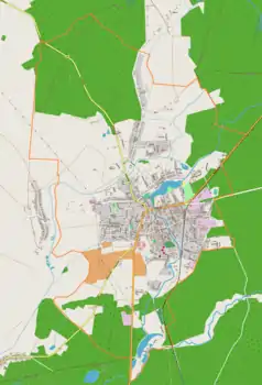 Mapa konturowa Dębna, blisko centrum po prawej na dole znajduje się punkt z opisem „Kościół Matki Bożej Fatimskiej w Dębnie”