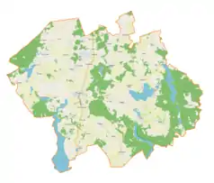 Mapa konturowa gminy Dźwierzuty, po prawej nieco na dole znajduje się owalna plamka nieco zaostrzona i wystająca na lewo w swoim dolnym rogu z opisem „Zaleśno”