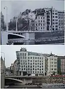 Zdjęcie u góry: zbombardowana secesyjna kamienica w 1945 roku. Na dole: Tańczący dom 2010 rok