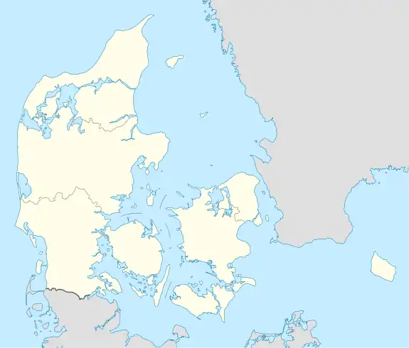 Mapa konturowa Danii, na dole znajduje się punkt z opisem „Nykøbing Falster”