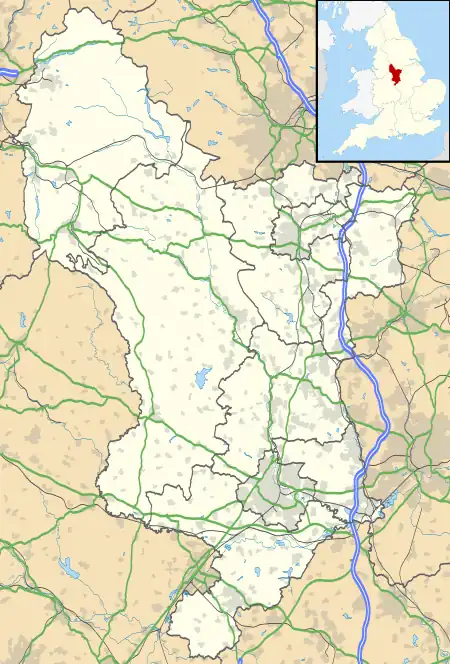 Mapa konturowa Derbyshire, na dole po prawej znajduje się punkt z opisem „Long Eaton”