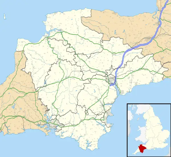 Mapa konturowa Devonu, na dole nieco na prawo znajduje się punkt z opisem „Torquay”