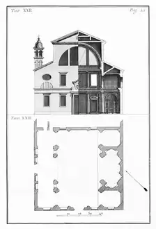 Rzut przyziemia i projekt fasady kościoła Santa Lucia (w: Francesco Muttoni, Architettura di Andrea Palladio vicentino, 1740-1760)