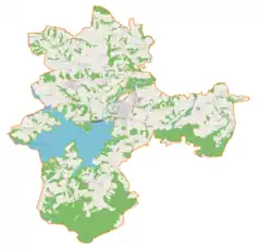 Mapa konturowa gminy Dobczyce, po lewej nieco u góry znajduje się punkt z opisem „Stojowice”