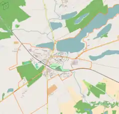 Mapa konturowa Dobiegniewa, na dole po lewej znajduje się punkt z opisem „Muzeum Oflagu II C Woldenberg”