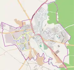 Mapa konturowa Dobrego Miasta, po lewej znajduje się punkt z opisem „Ursus S.A. w restrukturyzacji”