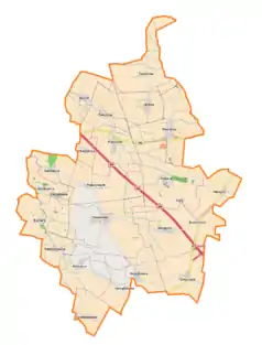 Mapa konturowa gminy Domaniów, po lewej znajduje się punkt z opisem „Radłowice”