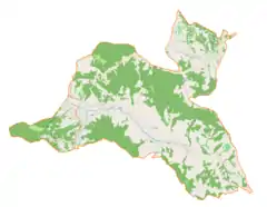 Mapa konturowa gminy Domaradz, po lewej znajduje się punkt z opisem „Kościółśw. Mikołajaw Domaradzu”