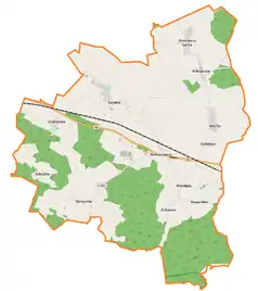 Mapa konturowa gminy Domaszowice, po prawej znajduje się punkt z opisem „Dziedzice”