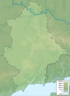 Mapa konturowa obwodu donieckiego, blisko centrum u góry znajduje się punkt z opisem „źródło”, natomiast u góry znajduje się punkt z opisem „ujście”