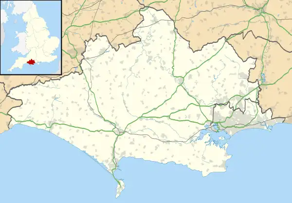 Mapa konturowa Dorsetu, w centrum znajduje się punkt z opisem „Milborne St Andrew”