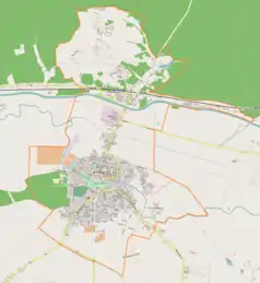 Mapa konturowa Drezdenka, blisko centrum po lewej na dole znajduje się punkt z opisem „Park Kultur Świata”