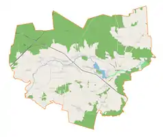 Mapa konturowa gminy Drzewica, u góry po prawej znajduje się punkt z opisem „Parafia Matki Bożej Częstochowskiej w Domasznie”