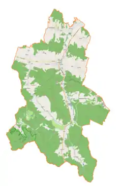 Mapa konturowa gminy Dukla, blisko centrum na prawo u góry znajduje się punkt z opisem „Jasionka”