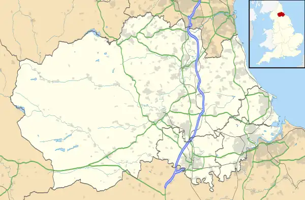 Mapa konturowa Durham, blisko centrum po prawej na dole znajduje się punkt z opisem „Newton Aycliffe”