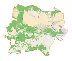 Mapa konturowa gminy Działoszyn, po lewej nieco na dole znajduje się punkt z opisem „Węże”