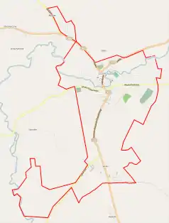 Mapa konturowa Dzierzgonia, blisko centrum na prawo u góry znajduje się punkt z opisem „Cerkiew Zesłania Ducha Świętegow Dzierzgoniu”