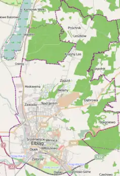 Mapa konturowa Elbląga, blisko centrum na dole znajduje się punkt z opisem „Bażantarnia”