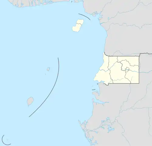 Mapa konturowa Gwinei Równikowej, po prawej nieco u góry znajduje się punkt z opisem „Bidjabidjan”