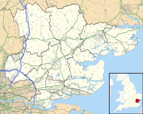 Mapa konturowa hrabstwa Essex, w centrum znajduje się punkt z opisem „Witham”