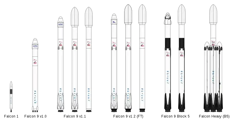 Od lewej do prawej: Falcon 1 z owiewkami ładunku, Falcon 9 v1.0 ze statkiem kosmicznym Dragon, Falcon 9 v1.1 R ze statkiem kosmicznym Dragon, Falcon 9 v1.1 R z owiewkami, Falcon 9 v1.1 z owiewkami, Falcon 9 v1.2 (pełna siła ciągu) R ze statkiem kosmicznym Dragon, Falcon 9 v1.2 (pełna siła ciągu) R z owiewkami, Falcon 9 v1.2 (pełna siła ciągu) z owiewkami, Falcon 9 Block 5 R ze statkiem kosmicznym Dragon, Falcon 9 Block 5 R z owiewkami, Falcon Heavy R z owiewkami