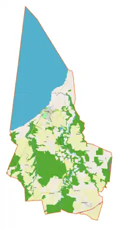 Mapa konturowa gminy Frombork, po lewej znajduje się punkt z opisem „Narusa”