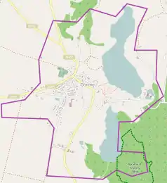 Mapa konturowa Górzna, w centrum znajduje się punkt z opisem „Kościół Podwyższenia Krzyża Świętego w Górznie”