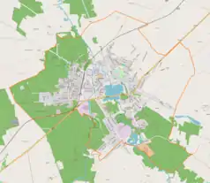 Mapa konturowa Głowna, blisko centrum na lewo znajduje się punkt z opisem „Głowno”