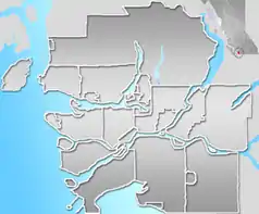 Mapa konturowa Vancouver, blisko centrum na lewo znajduje się punkt z opisem „Vancouver Olympic Centre”