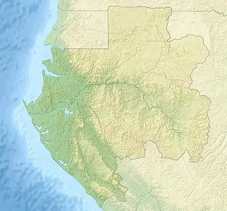 Mapa konturowa Gabonu, blisko centrum na dole znajduje się czarny trójkącik z opisem „Mont Iboundji”