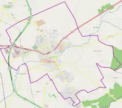 Mapa konturowa Garwolina, po lewej znajduje się punkt z opisem „Parafia MB Częstochowskiej”