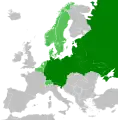 Możliwe granice powojennych Niemiec (ciemnozielony) i ich protektoratów (jasnozielony)