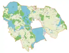 Mapa konturowa gminy wiejskiej Giżycko, w centrum znajduje się punkt z opisem „Wilkasy”