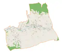 Mapa konturowa gminy Gilowice, po prawej nieco na dole znajduje się czarny trójkącik z opisem „Jasna Górka”