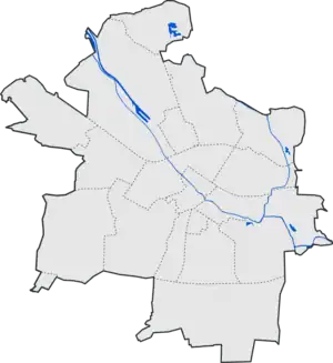 Mapa konturowa Gliwic, po prawej nieco na dole znajduje się punkt z opisem „Parafia św. Józefa w Gliwicach”